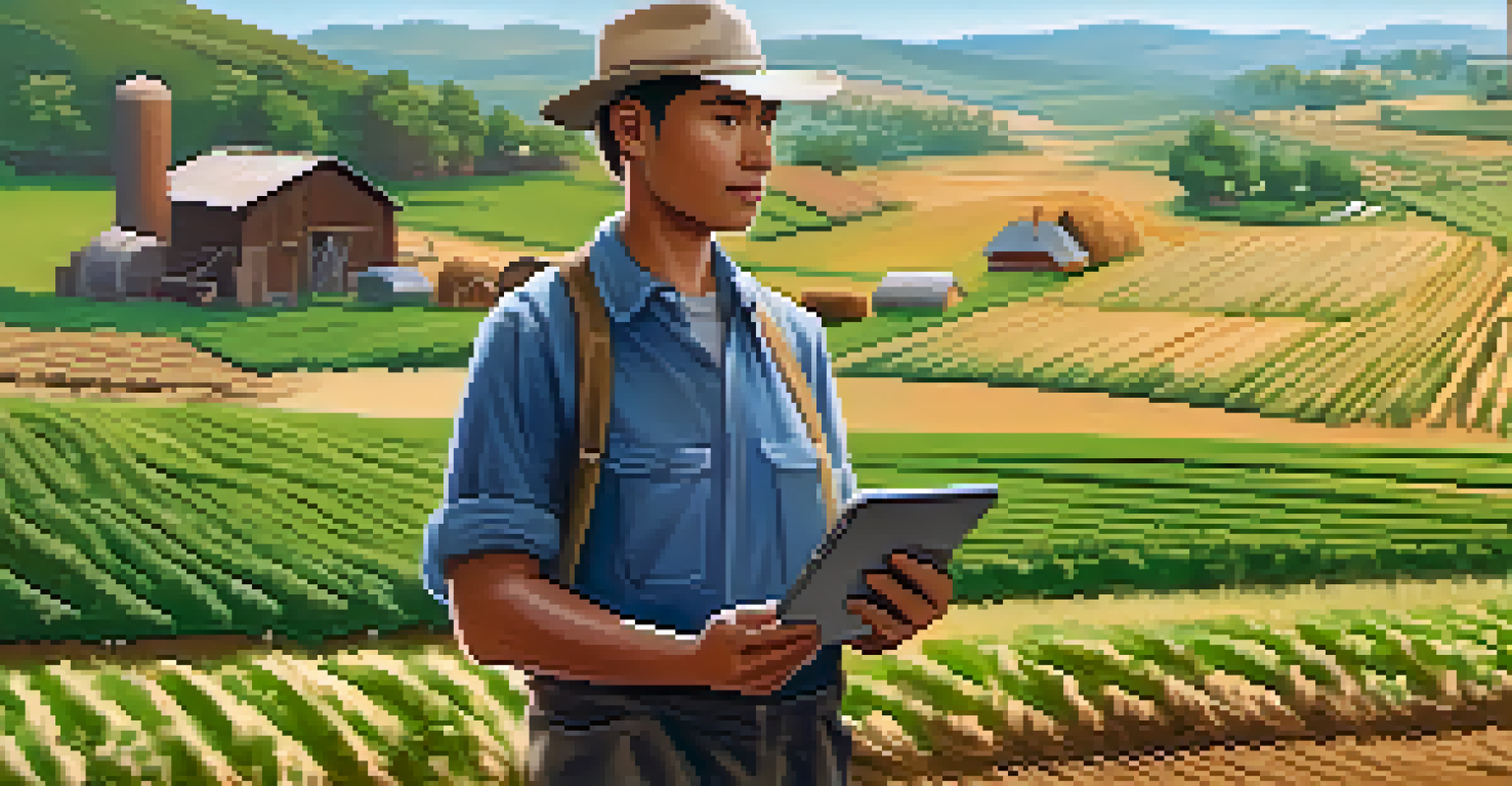 A farmer in a field using a mobile device to access financial services, with crops in the background.