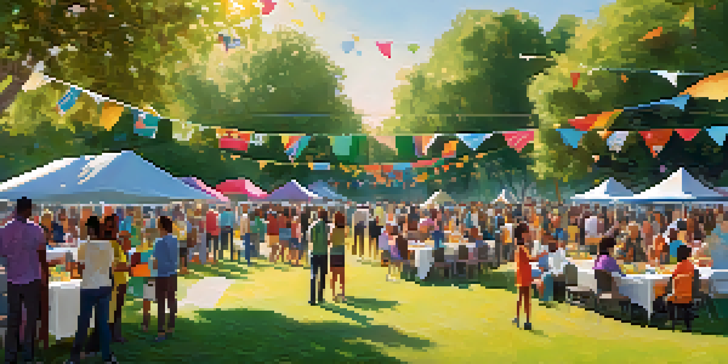 A diverse group of people participating in a fundraising event at a park, with colorful banners and warm sunlight.