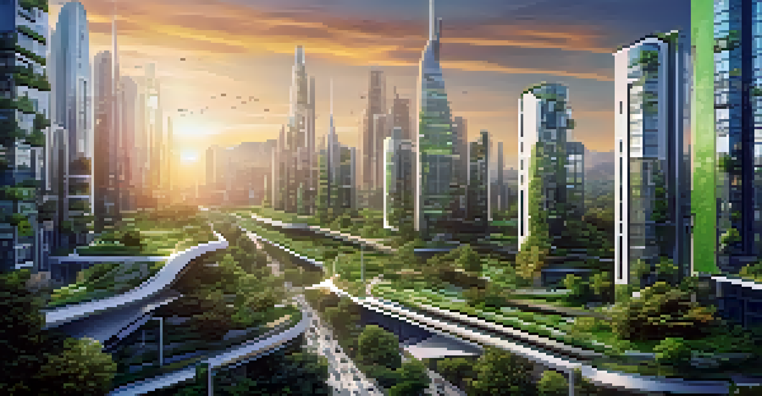 A vibrant city skyline at sunset with eco-friendly buildings and electric vehicles, emphasizing the blend of nature and technology.