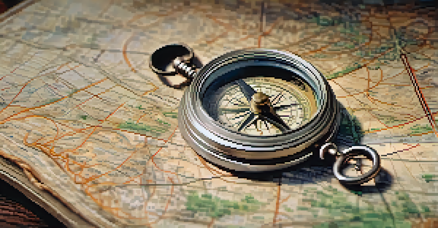 A close-up of a vintage compass on an old map, illuminated by soft natural light.
