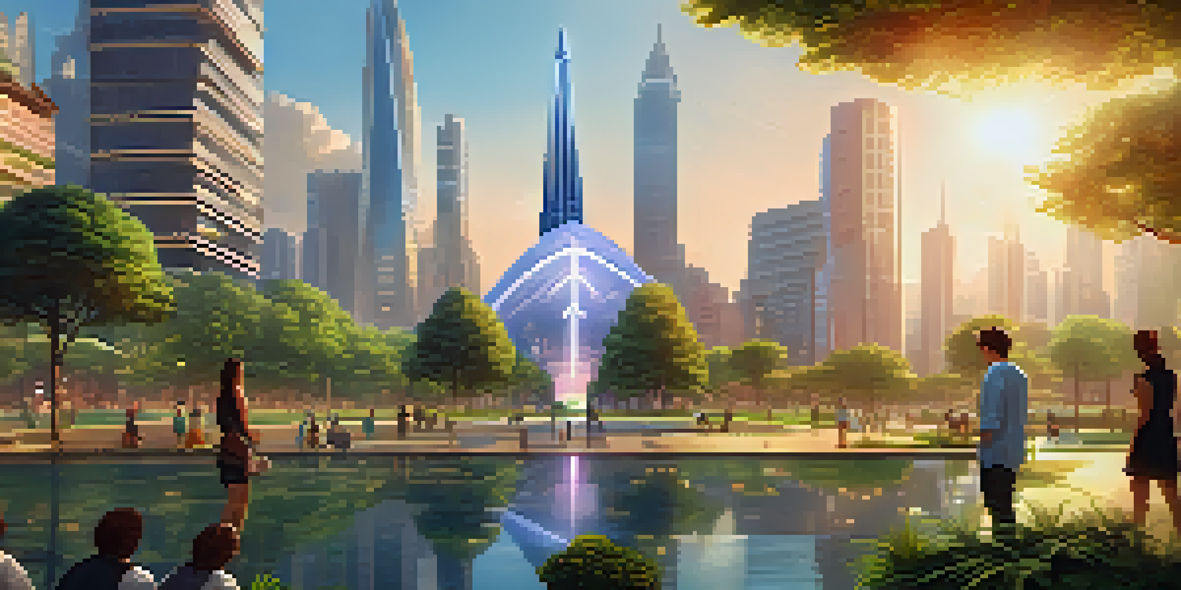 A futuristic cityscape showcasing Ethereum technology with glowing symbols and green parks, illuminated by warm sunlight.