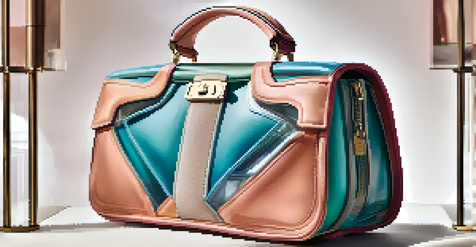 A luxury handbag with a transparent overlay showing its production process, set against a soft, muted background.