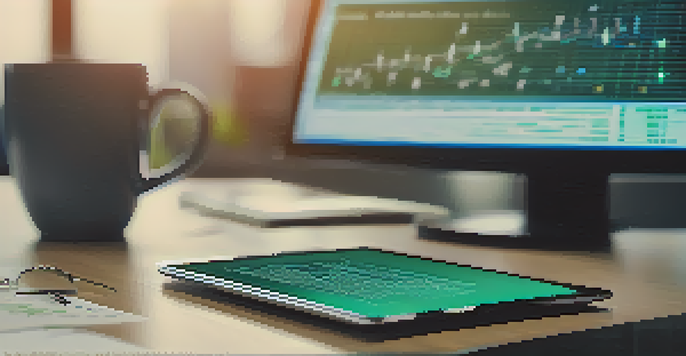 A digital tablet displaying smart contract code on a desk with a cup of coffee and notepad in the background.