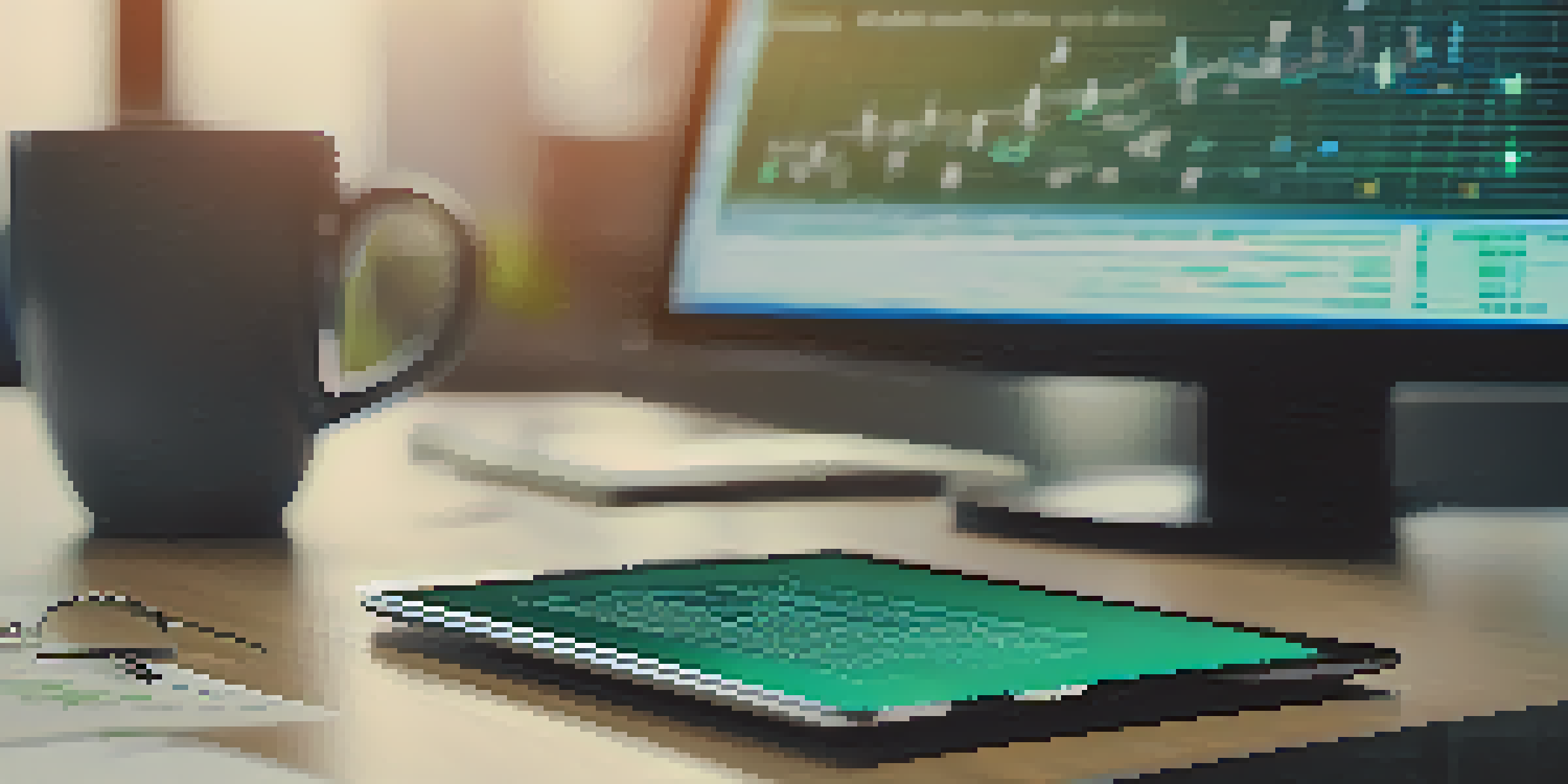 A digital tablet displaying smart contract code on a desk with a cup of coffee and notepad in the background.