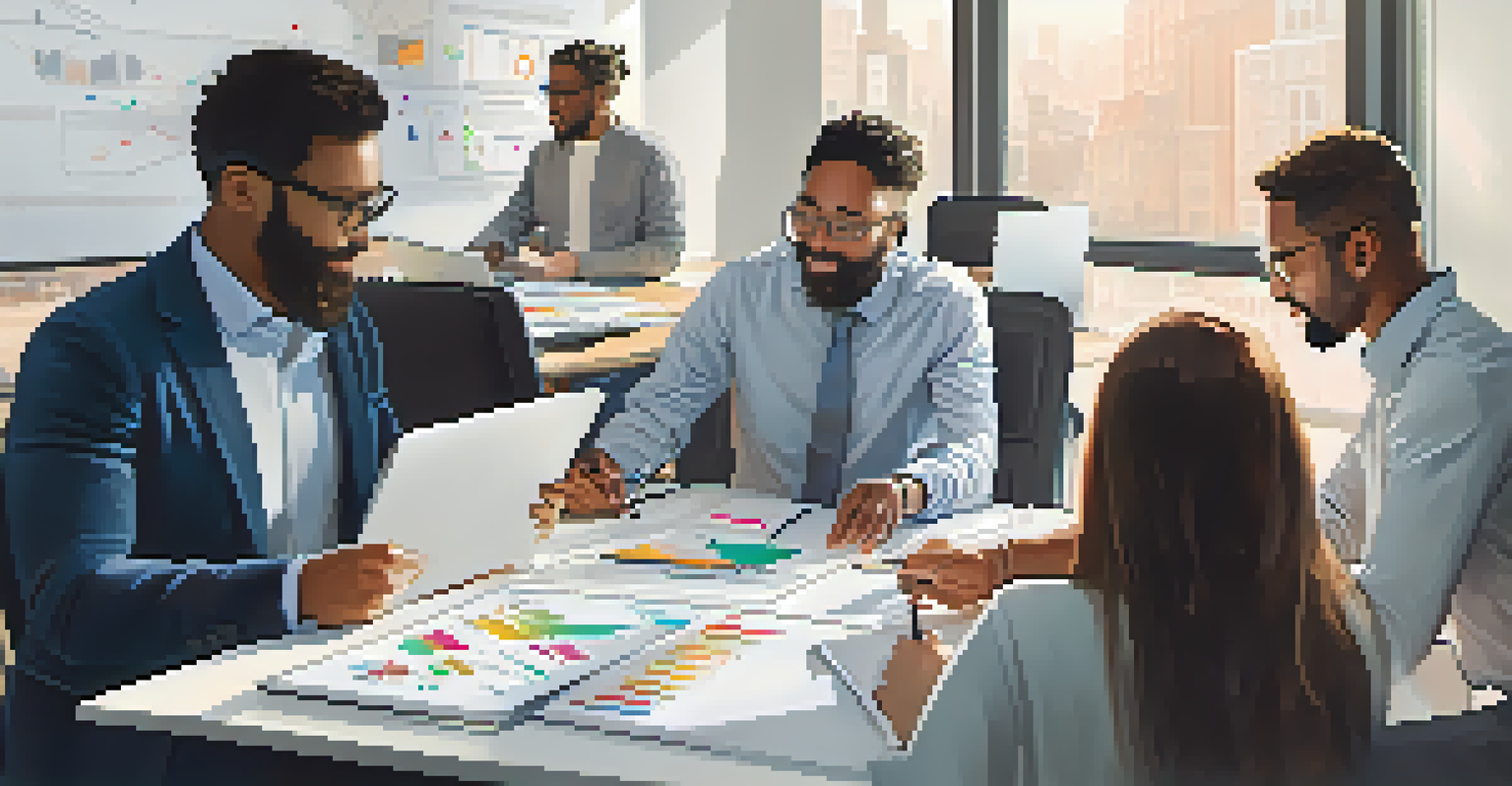 A diverse team of professionals working together on smart contract development in a bright, modern office.