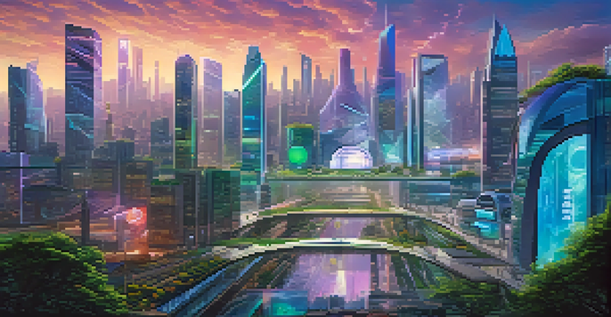 A futuristic city with holographic displays and modern architecture, symbolizing decentralized identity management.