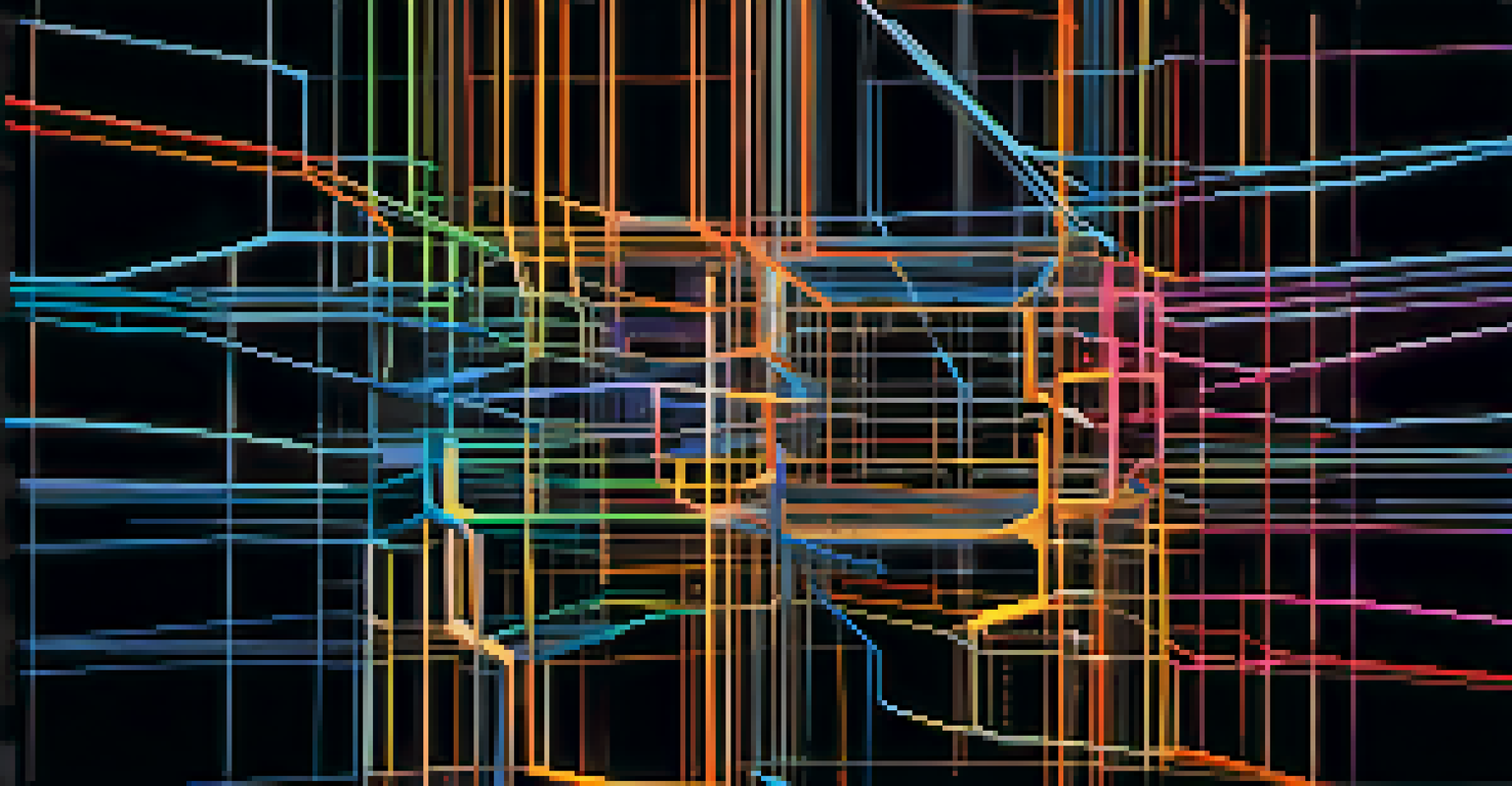 An abstract depiction of interconnected blockchain nodes with colorful lines representing blockchain interoperability.