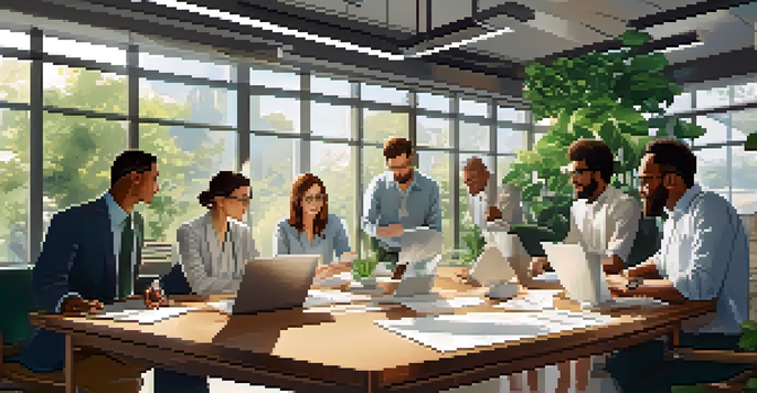 A diverse group of professionals working together in a bright office space, surrounded by plants and charts, conveying a sense of collaboration and focus.