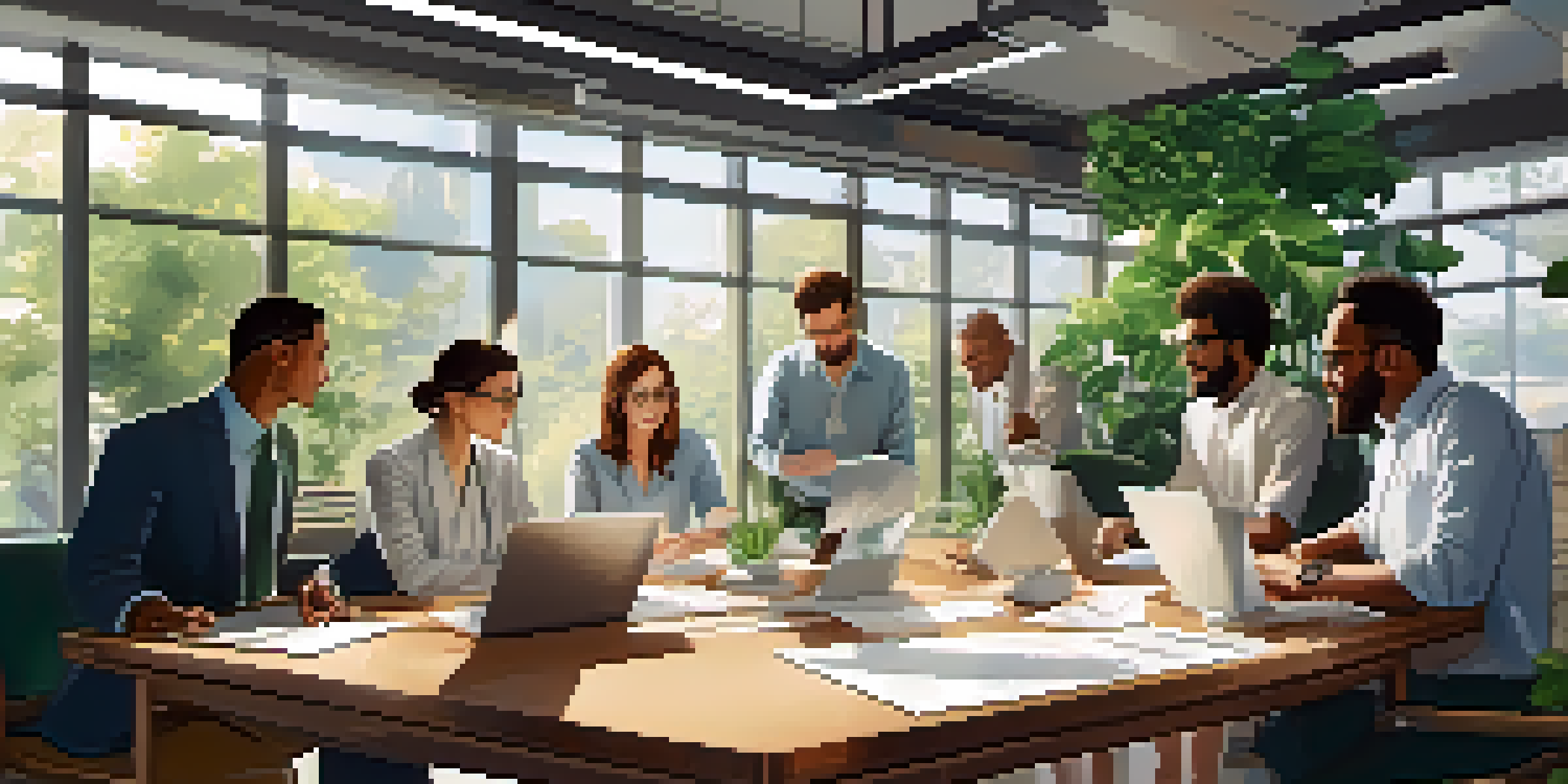 A diverse group of professionals working together in a bright office space, surrounded by plants and charts, conveying a sense of collaboration and focus.