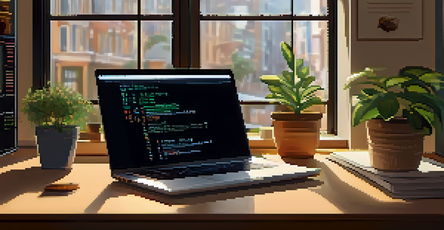A cozy workspace with a laptop showing smart contract code, books on cryptocurrency, a potted plant, and a coffee cup.