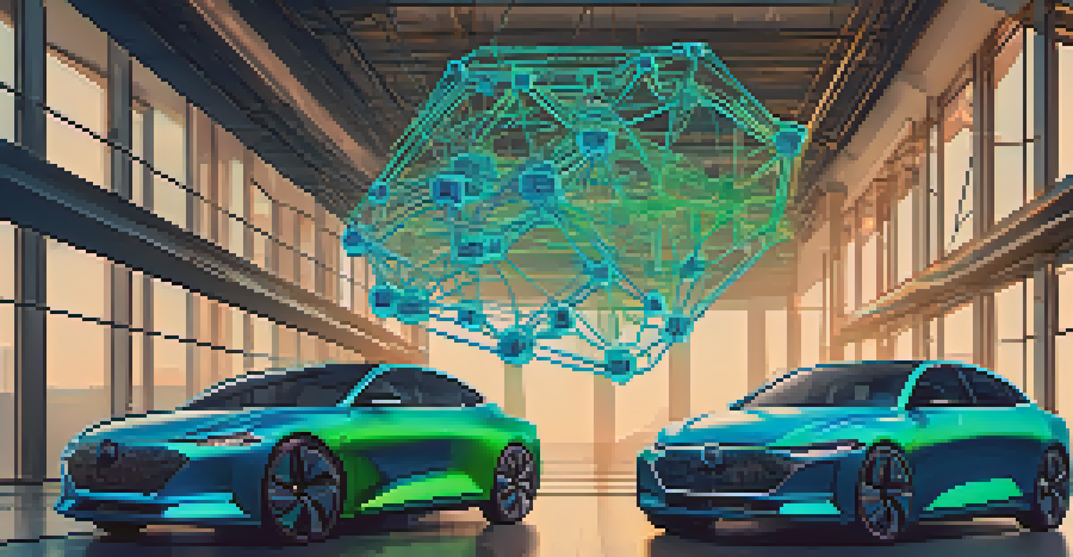 A conceptual image showing blockchain technology integrated with a digital model of a car.