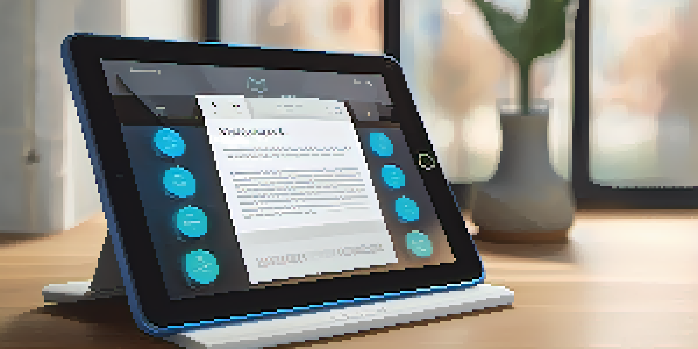A tablet displaying a smart contract interface with flowing digital code in the background, set on a wooden desk illuminated by natural light.