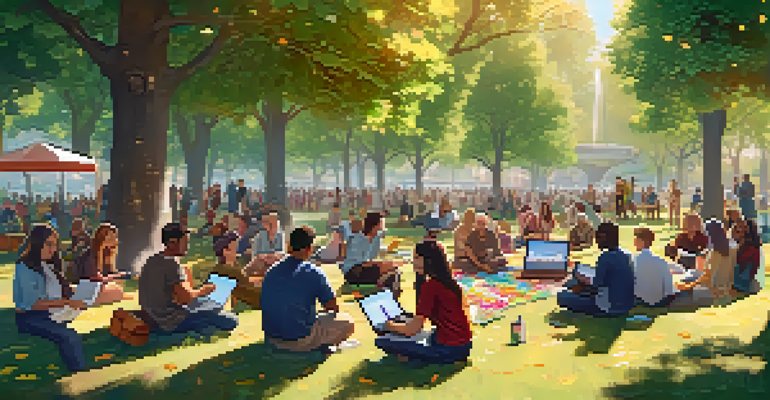 A community gathering in a park where people discuss blockchain voting while using laptops and tablets.