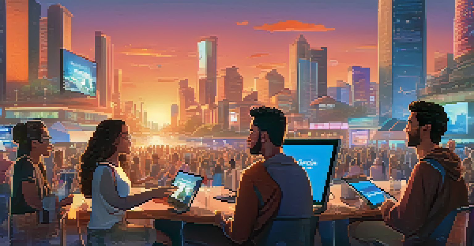 An illustration of a collaborative digital marketplace with diverse creators and consumers interacting amidst a stylized cityscape.