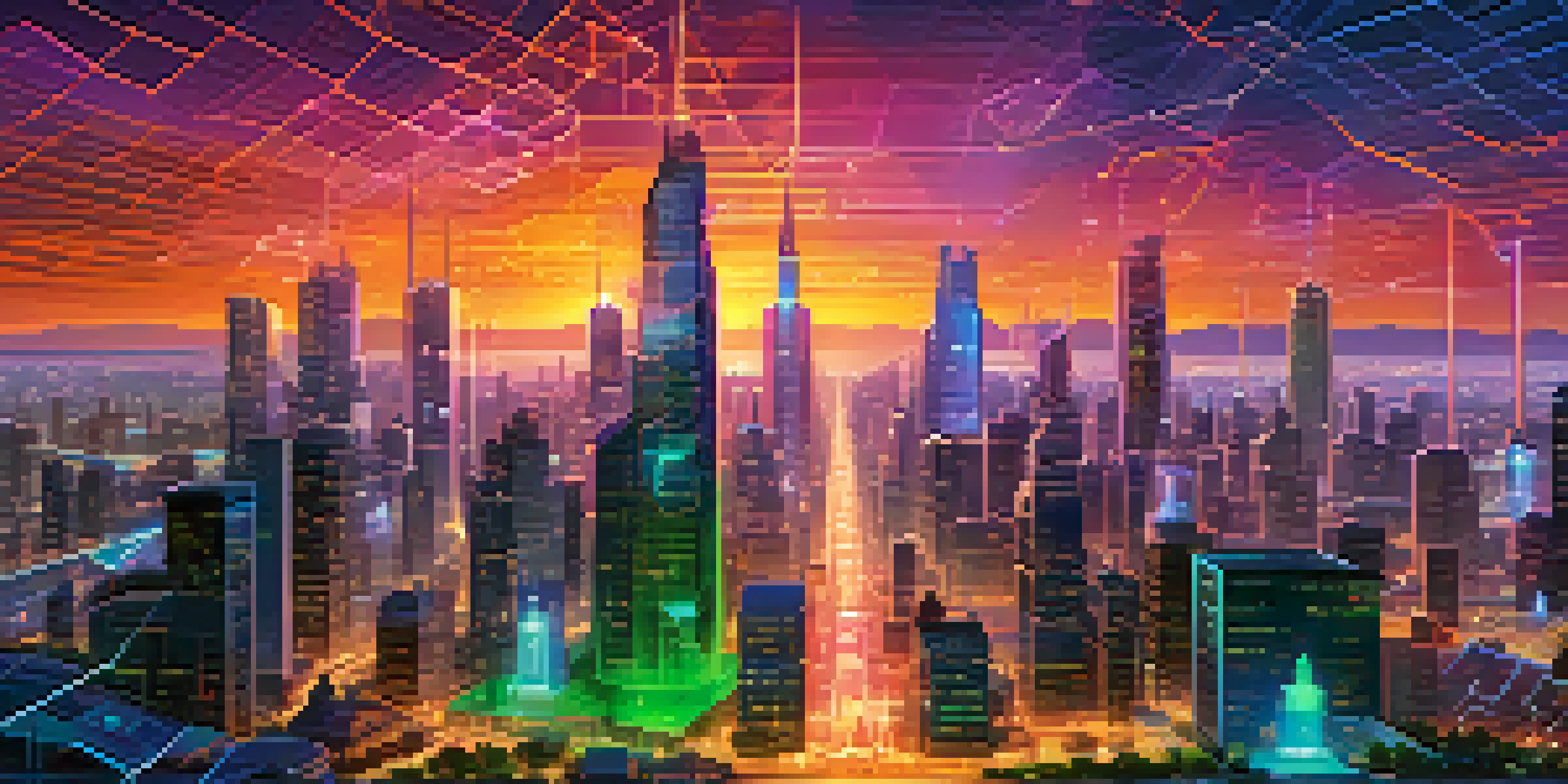 A vibrant futuristic city with glowing buildings representing different blockchain networks, interconnected by streams of digital data in a colorful sunset sky.