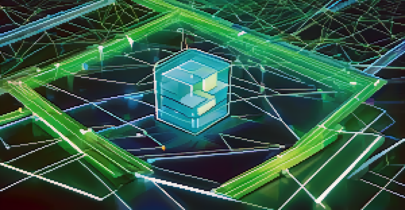 An abstract 3D visualization of blockchain technology with interconnected blocks and glowing lines in a futuristic setting.