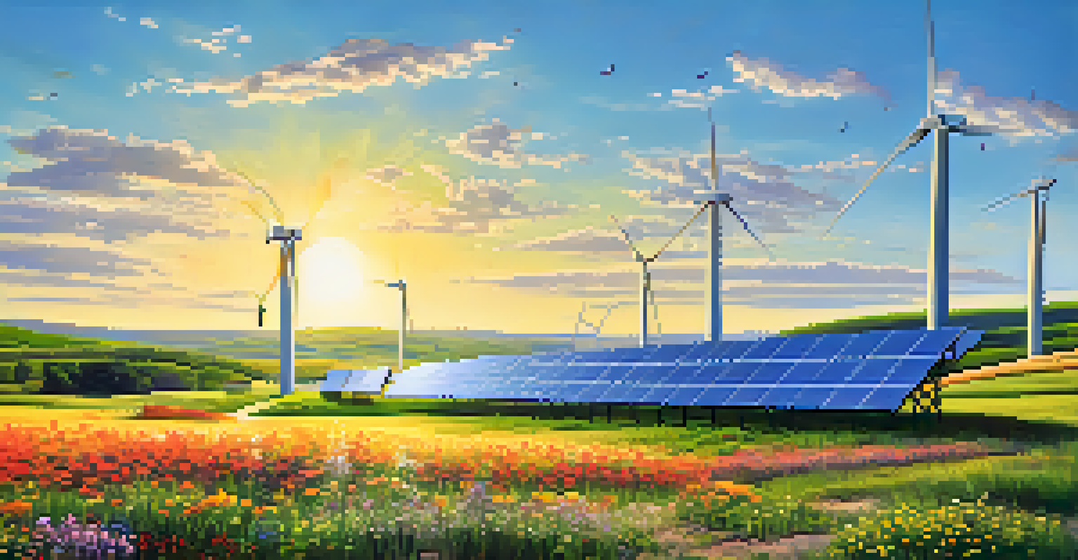 A picturesque renewable energy farm with solar panels and wind turbines in a bright landscape filled with wildflowers.