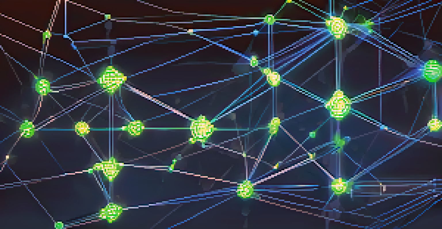 A vibrant blockchain network illustration with interconnected nodes and flowing data lines against a dark gradient background.