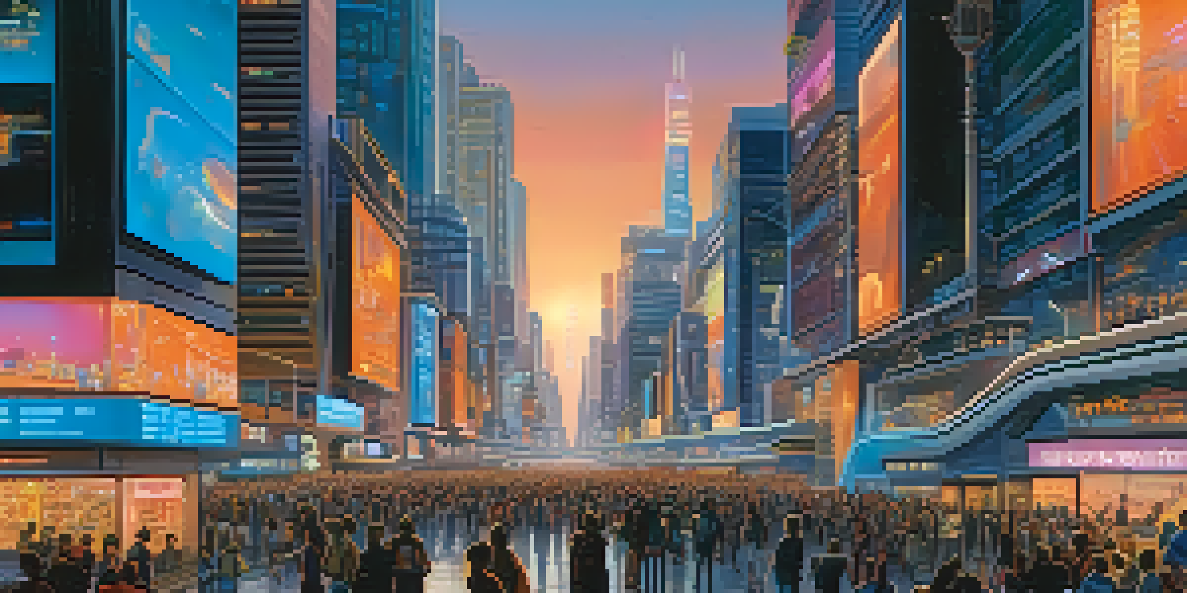 A vibrant futuristic city at dusk with neon lights, busy streets, and a colorful sky.