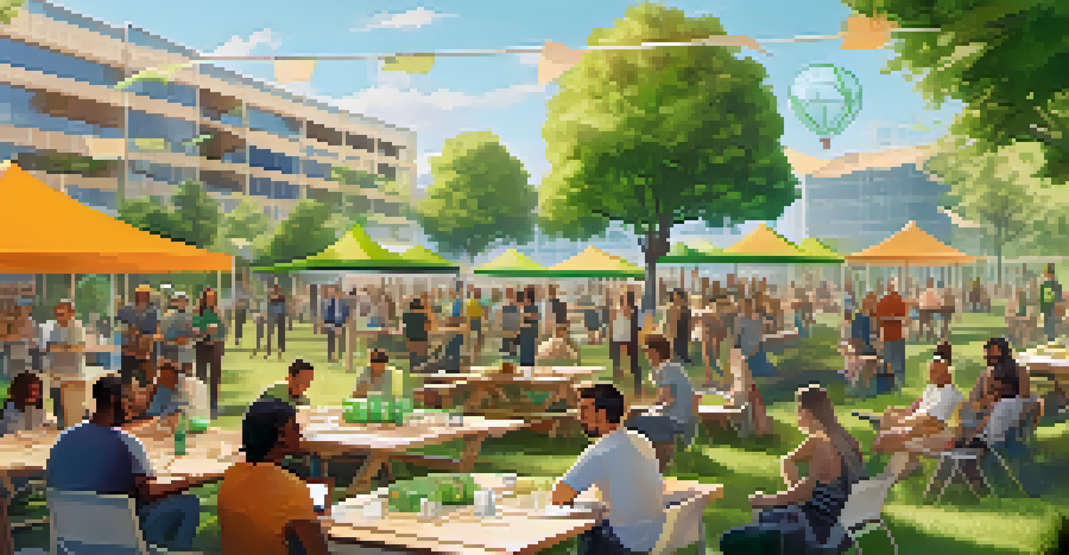 A community gathering in a park focusing on sustainability in blockchain technology, with diverse individuals collaborating.