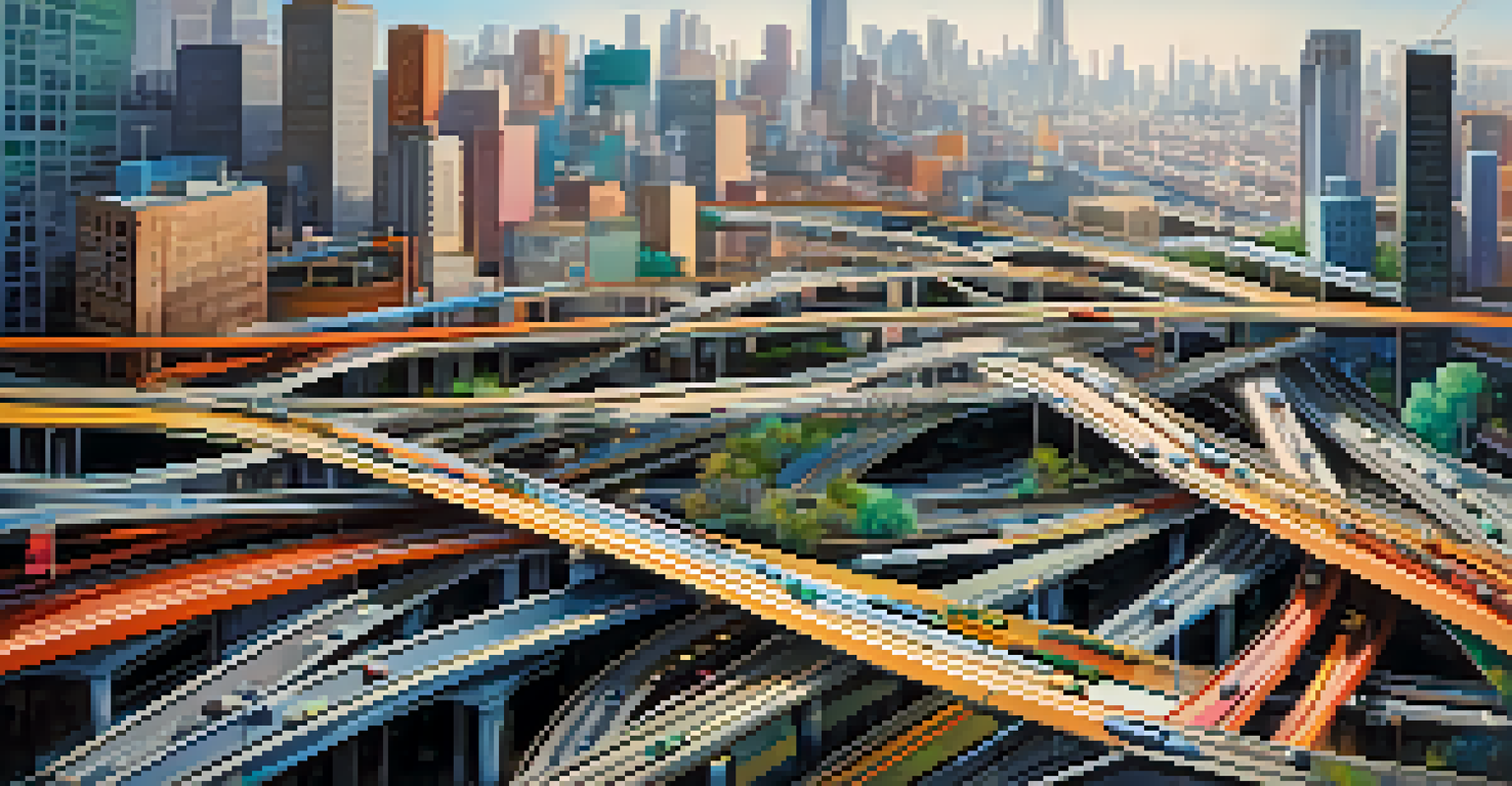 An abstract illustration of interconnected highways above a busy city, representing Layer 2 networks enhancing transaction speed.