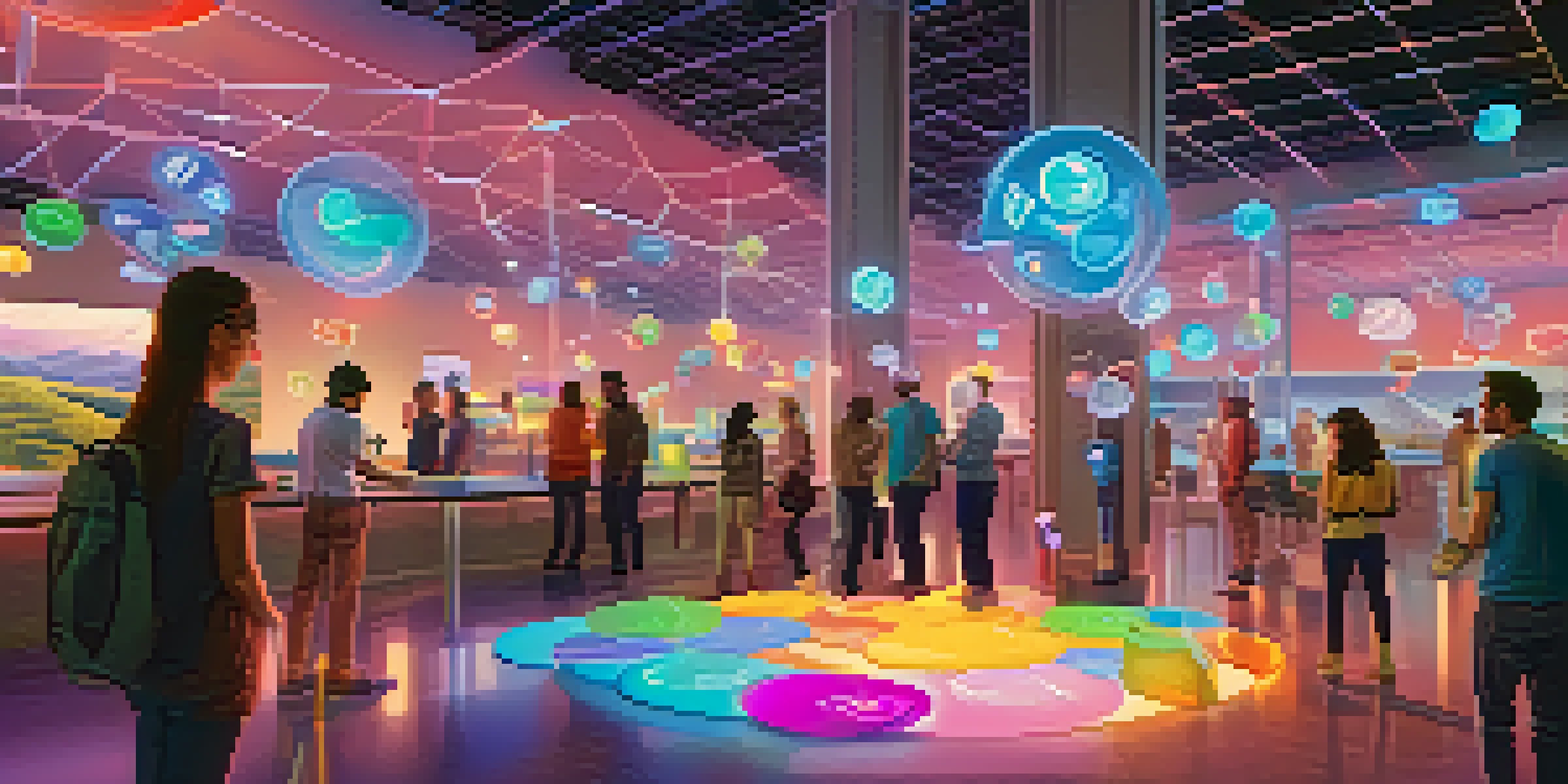 A colorful digital scene showing diverse users interacting in a futuristic social network, with glowing tokens floating around them.