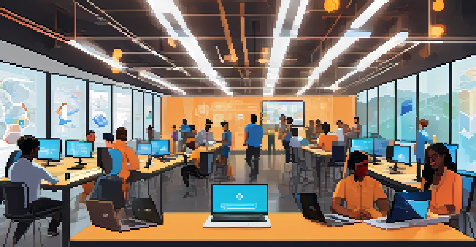 A diverse group of developers collaborating around a table with laptops, brainstorming ideas for DApps, in a bright modern room with screens displaying code.