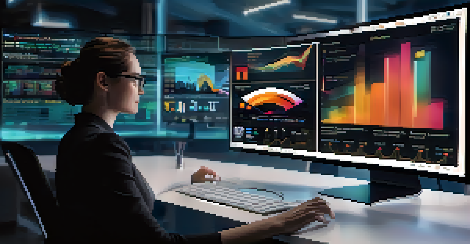 A computer screen displaying an AI assistant interface with colorful data visualizations, set in a modern office with soft lighting.