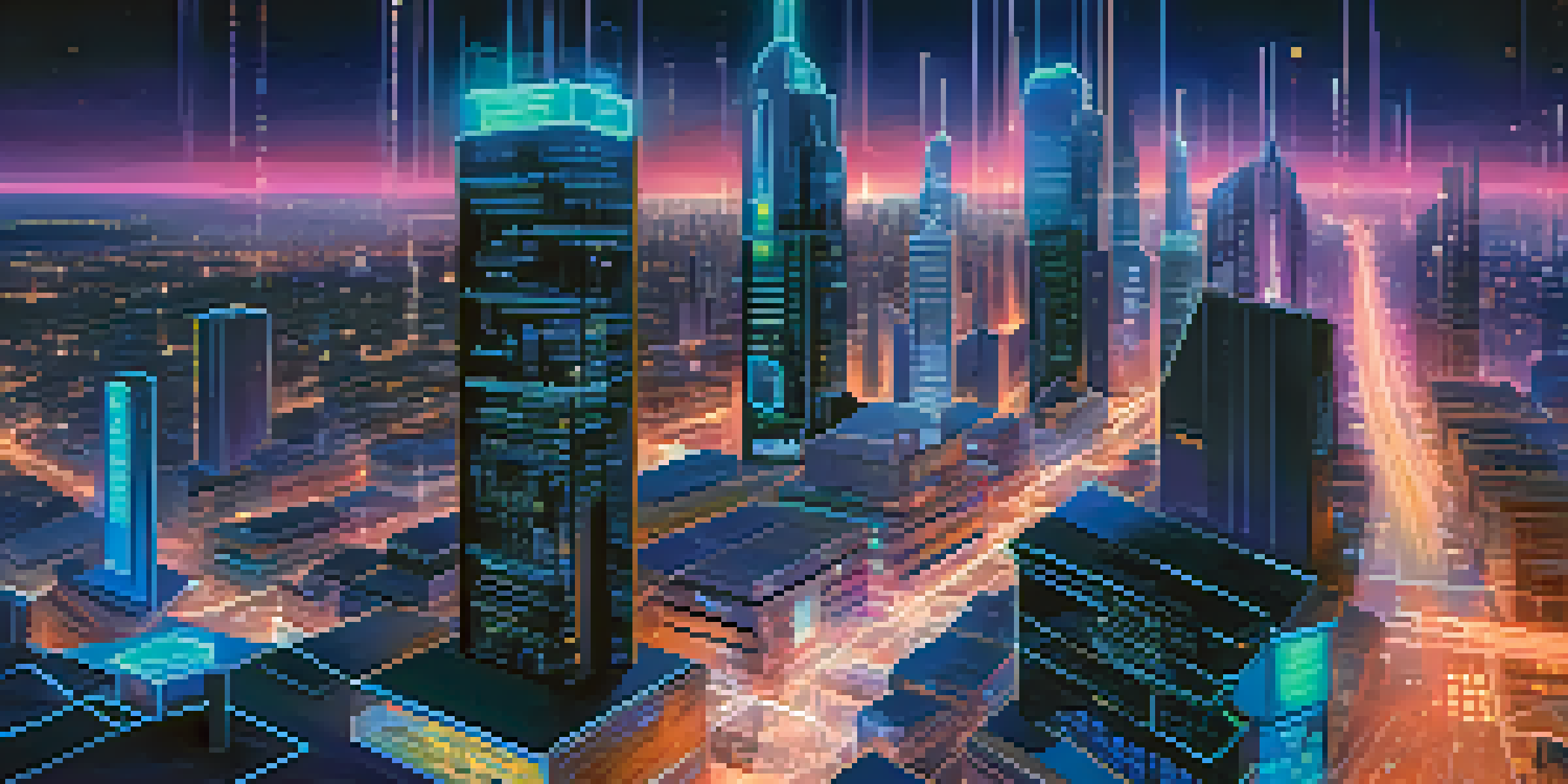 A futuristic city with interconnected buildings representing blockchain technology, illuminated by neon lights against a twilight sky.