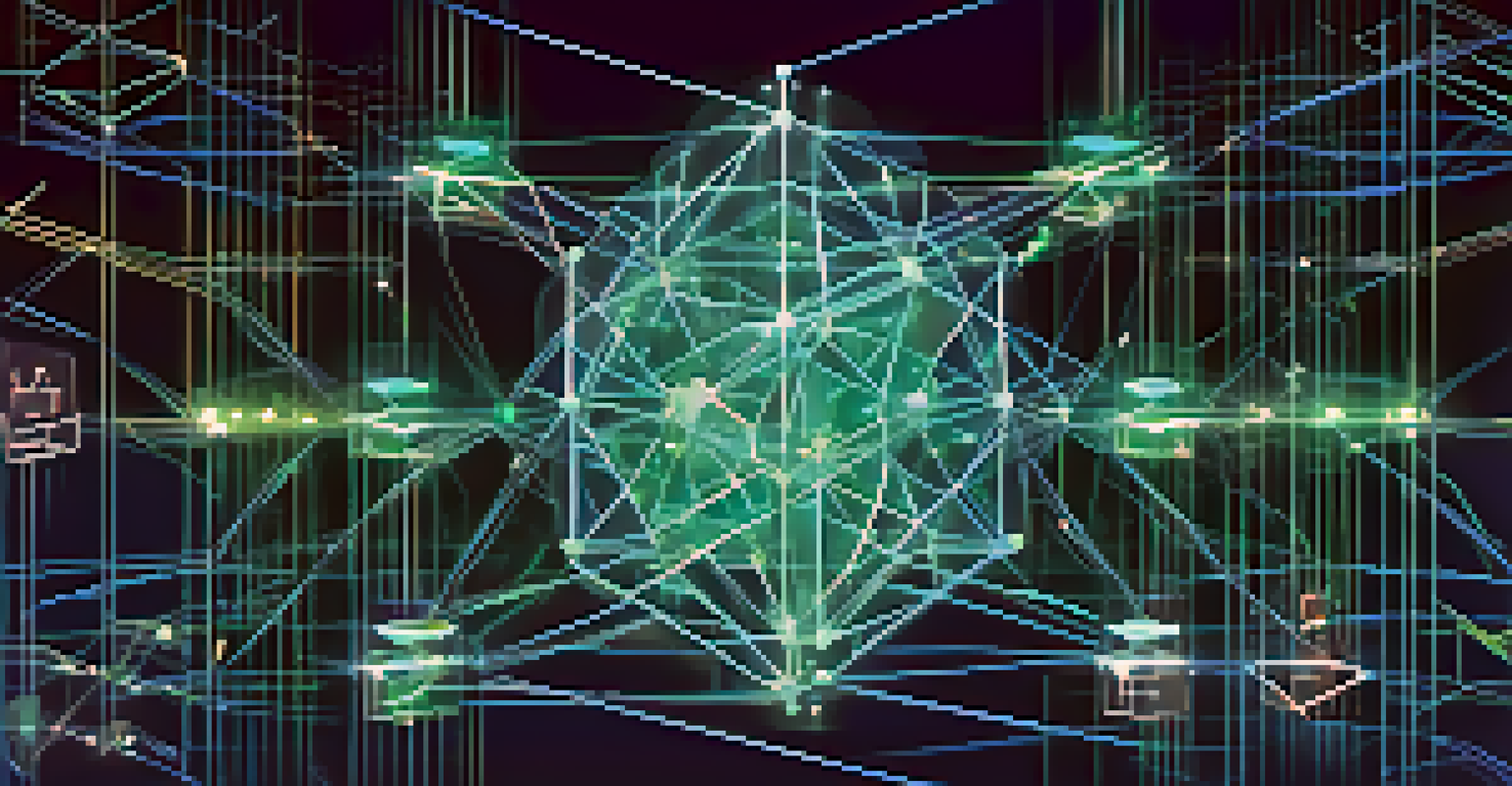 A blockchain network with interconnected nodes, illuminated in blue and green, representing transparency and accountability in DAO governance.