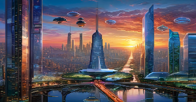 A futuristic city skyline during sunset with glass skyscrapers and people interacting with holographic displays.