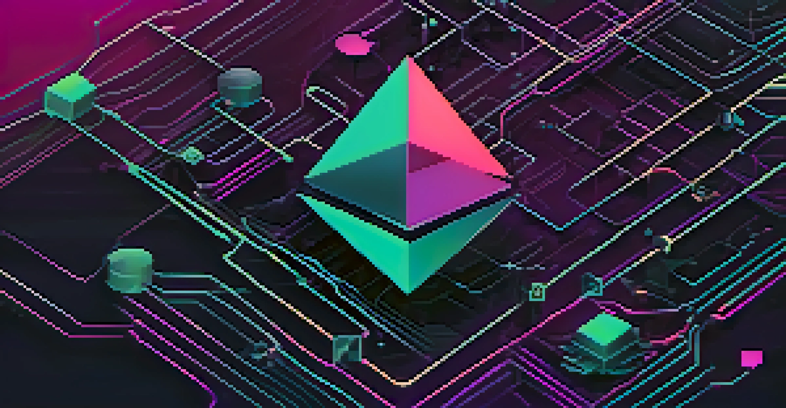An artistic depiction of the Ethereum blockchain with interconnected blocks and flowing smart contract code in vibrant colors.
