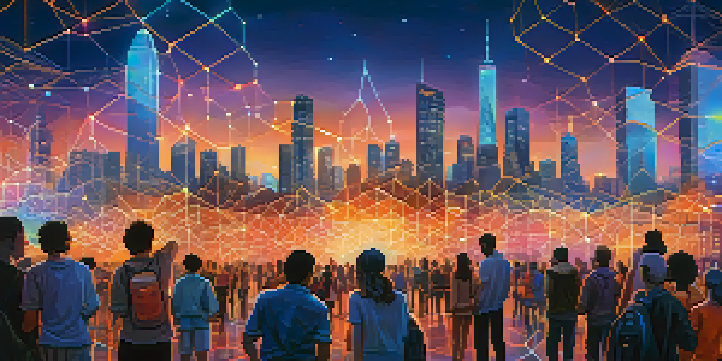 A futuristic cityscape with interconnected blockchain networks and vibrant digital nodes, illuminated by dusk lights.