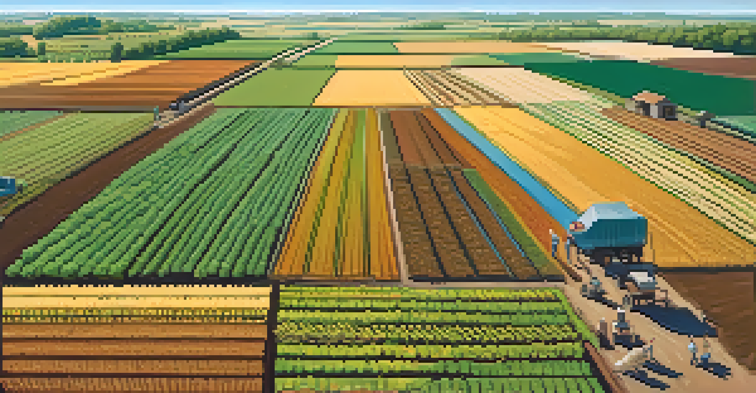 Aerial view of diverse crops in a vibrant agricultural landscape with farmers collaborating.