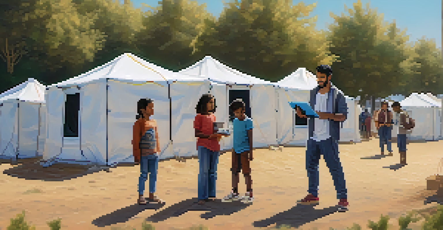A refugee family standing outside a shelter, holding digital devices displaying their identities, with a hopeful expression in a refugee camp setting.