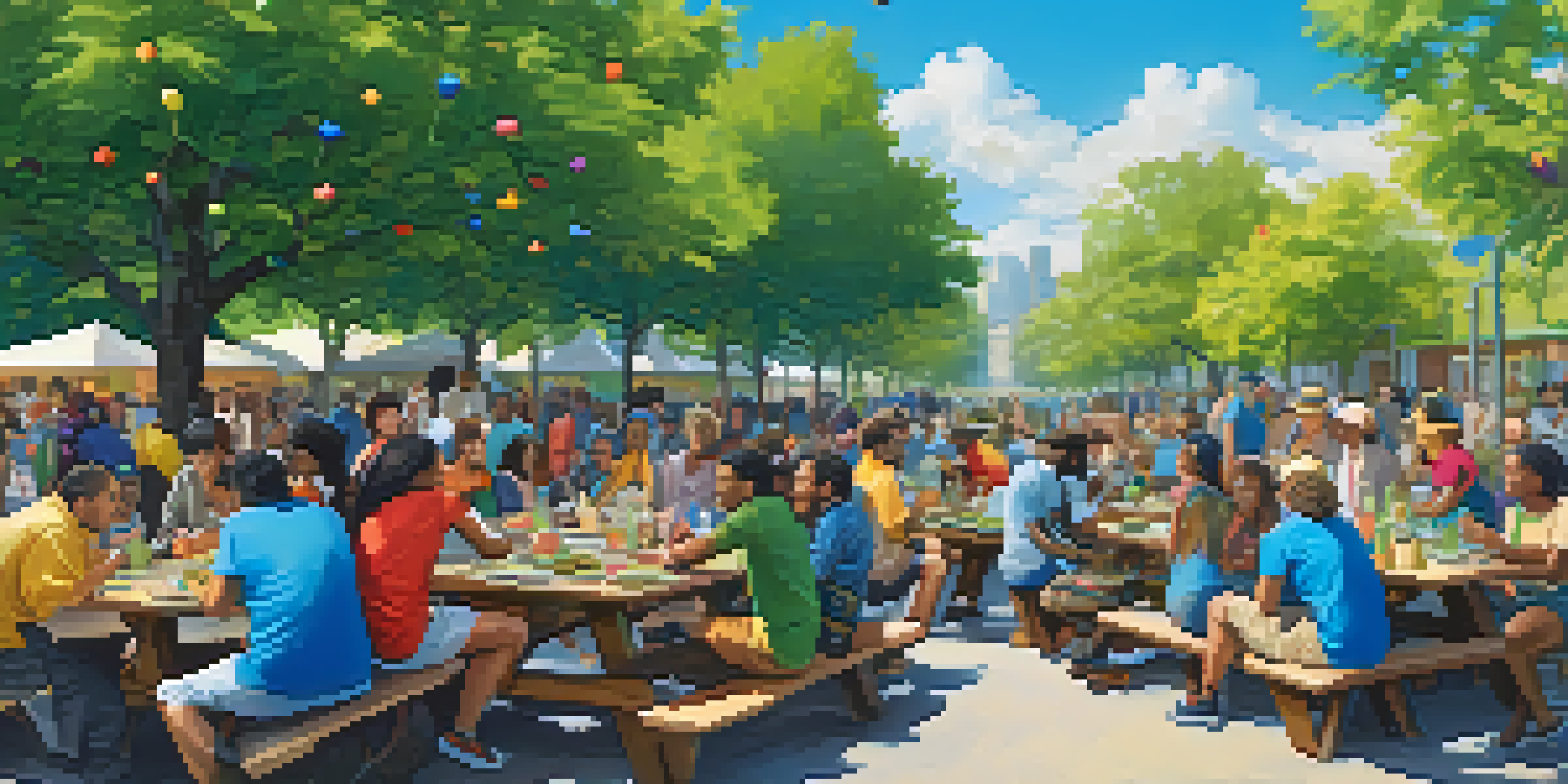 A community gathering in a park with people using mobile devices, showcasing diversity and a sense of togetherness.