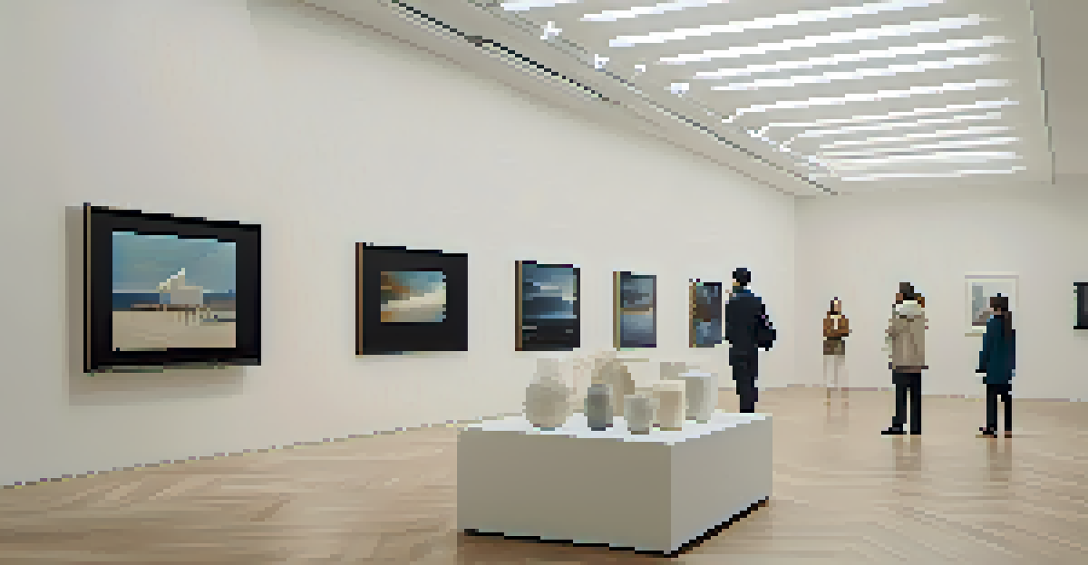 A sophisticated NFT gallery featuring high-end digital artworks on white walls, illuminated by soft lighting.