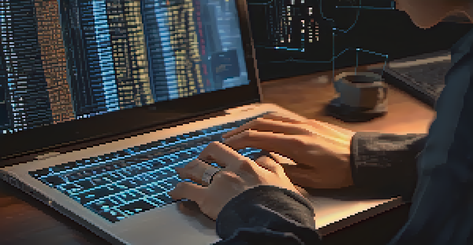 A close-up of a developer's hands typing on a laptop with code on the screen, surrounded by digital security icons.