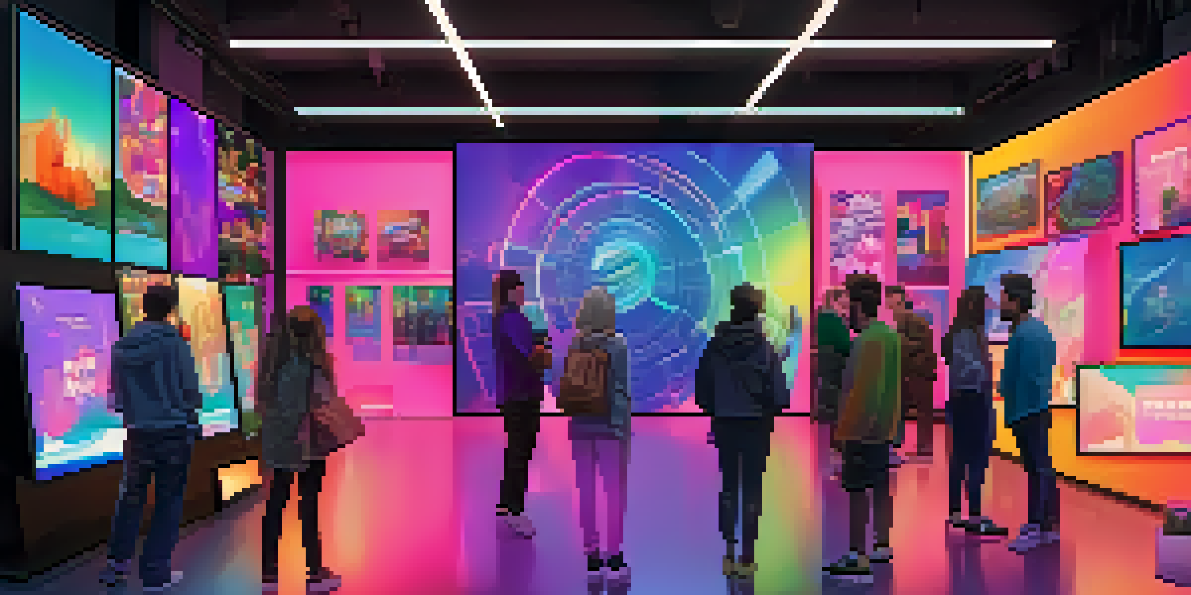 A modern art gallery filled with colorful digital screens displaying various NFTs, with people engaging with the artwork.