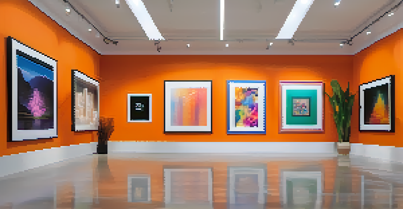 A virtual gallery displaying a collage of unique NFTs, framed with glowing edges and highlighted under soft spotlights.