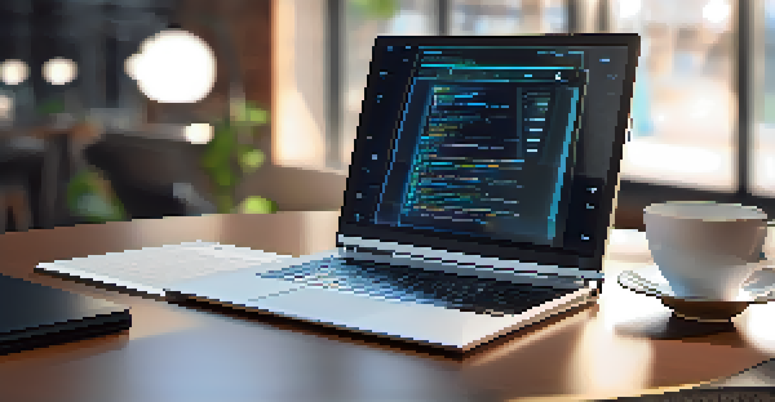 A close-up of a smart contract interface on a laptop screen in a modern workspace with a notepad and coffee cup.