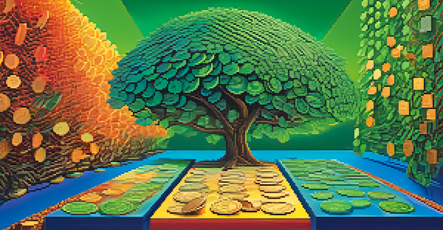 Colorful plants growing from digital coins, symbolizing yield farming, against a gradient background.