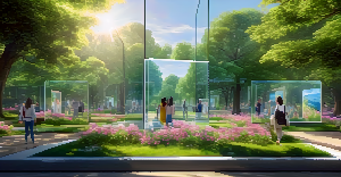 A digital art gallery in a park with diverse people admiring artworks surrounded by greenery and flowers.
