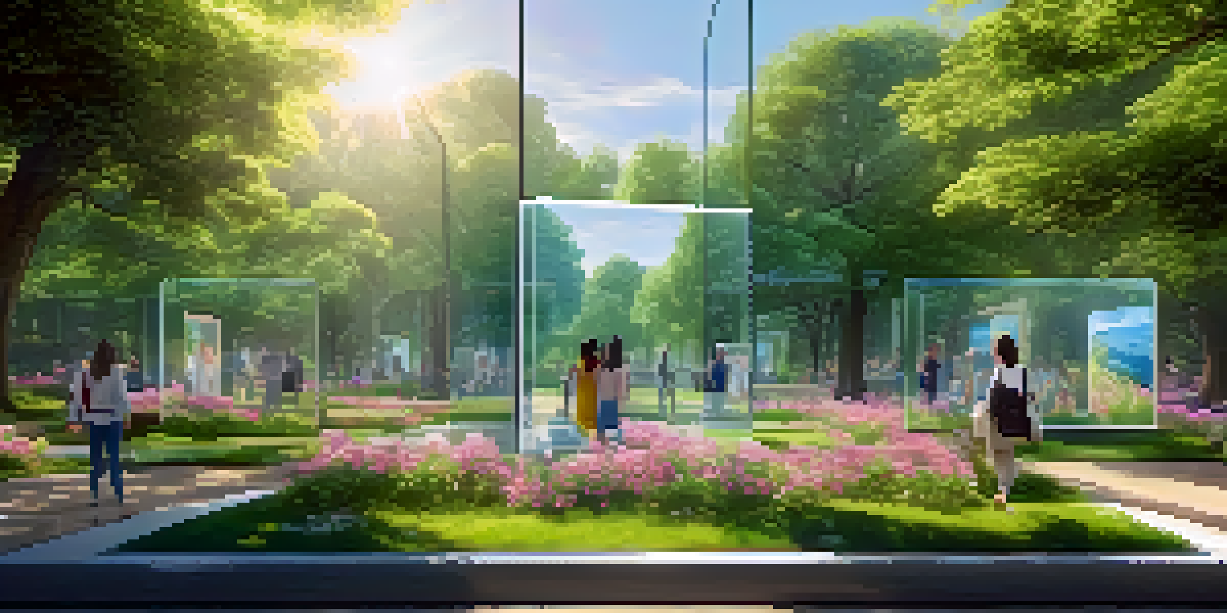 A digital art gallery in a park with diverse people admiring artworks surrounded by greenery and flowers.