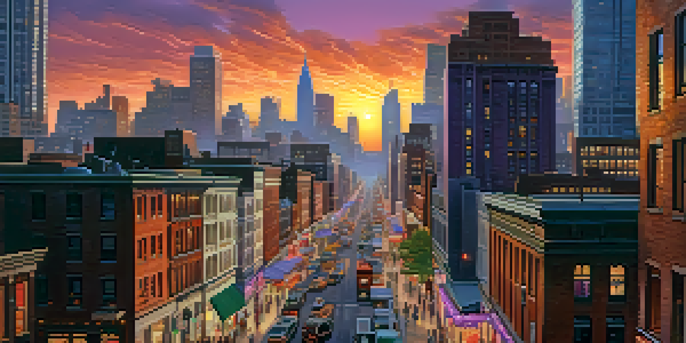 A lively city skyline during sunset with illuminated buildings and busy streets filled with people.