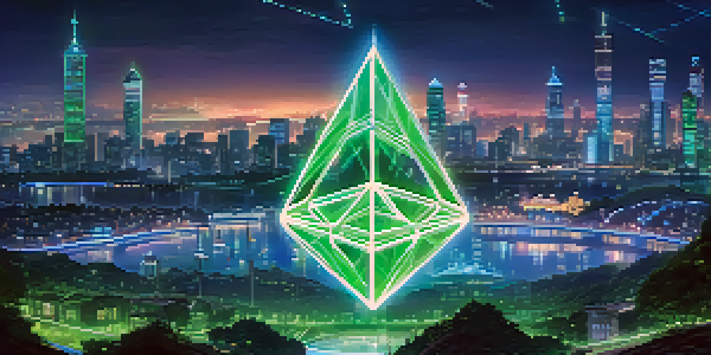 A digital landscape representing the Ethereum Name Service with a glowing Ethereum logo and the domain name 'yourname.eth' in the foreground, set against a futuristic cityscape.