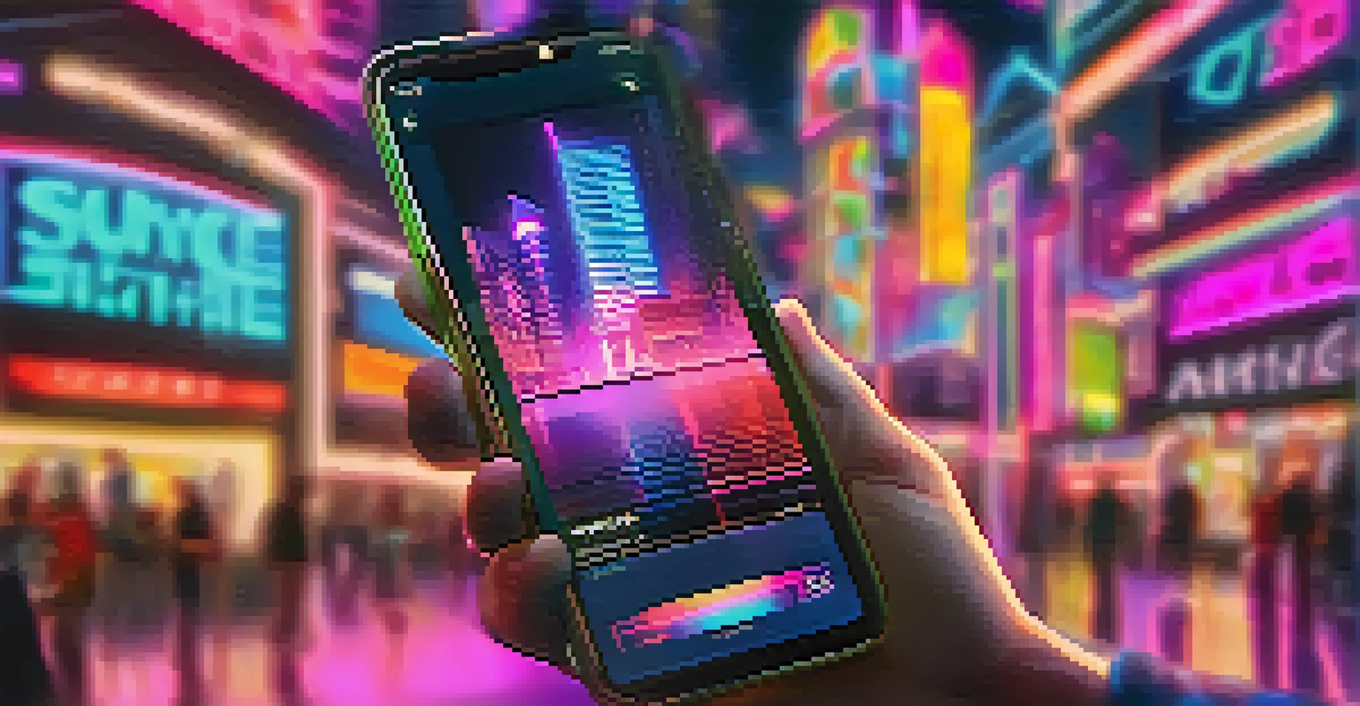 A close-up of a person holding a smartphone showing a colorful NFT art piece in a modern environment.