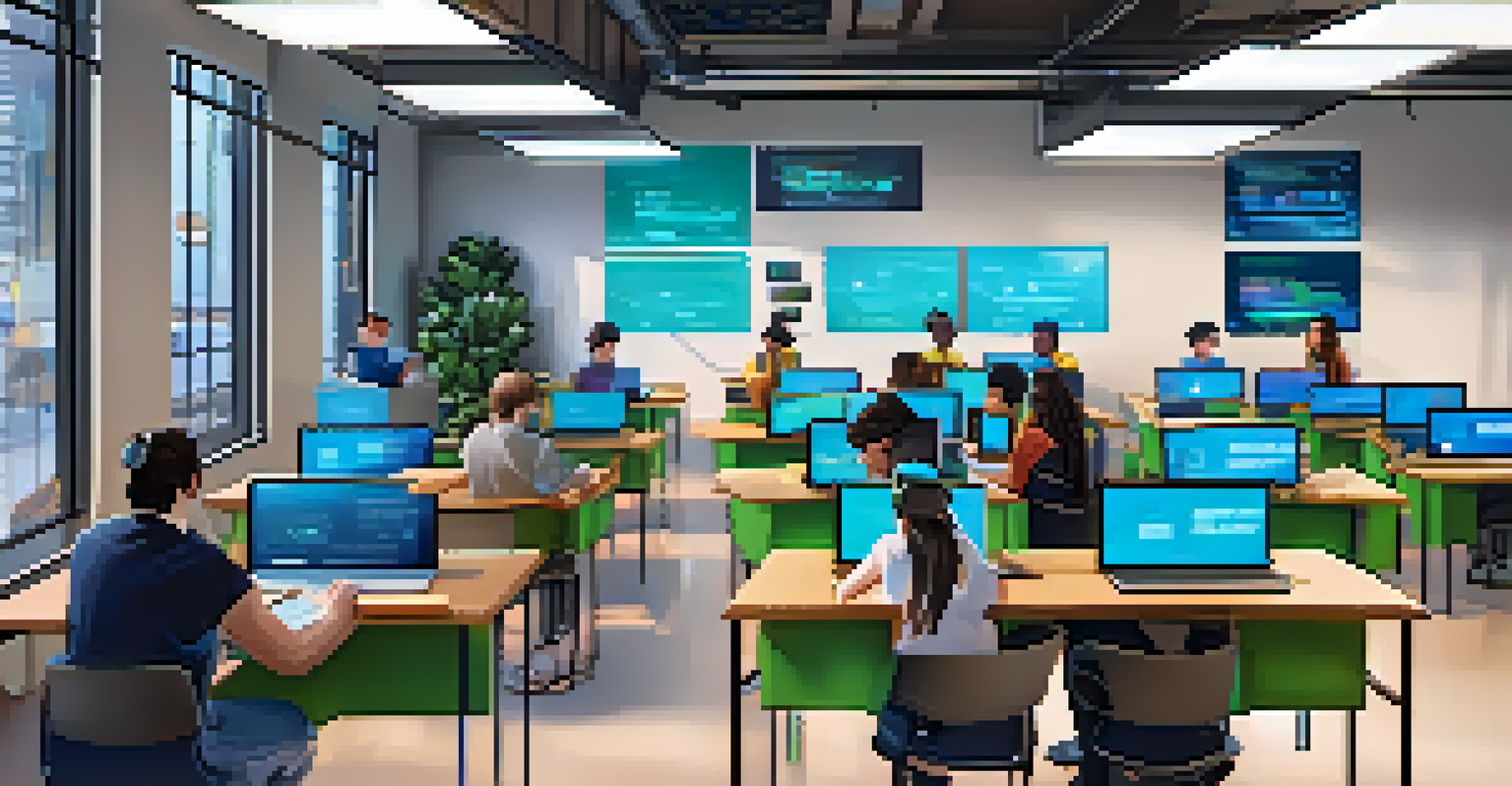 Students in a classroom working on laptops during a smart contract coding class, with blockchain technology posters in the background.