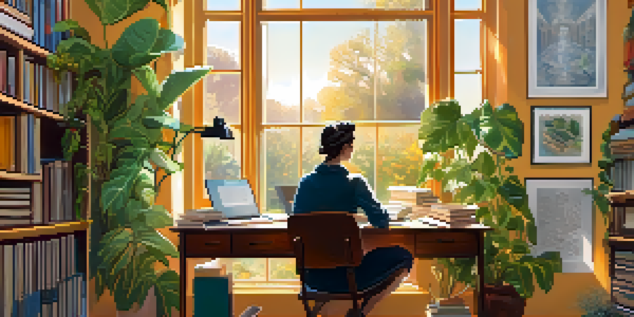 An author at a desk, writing with sunlight illuminating the room filled with books and plants.