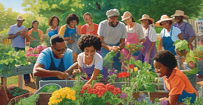 A diverse group of people working together in a community garden, planting flowers and vegetables under sunlight.